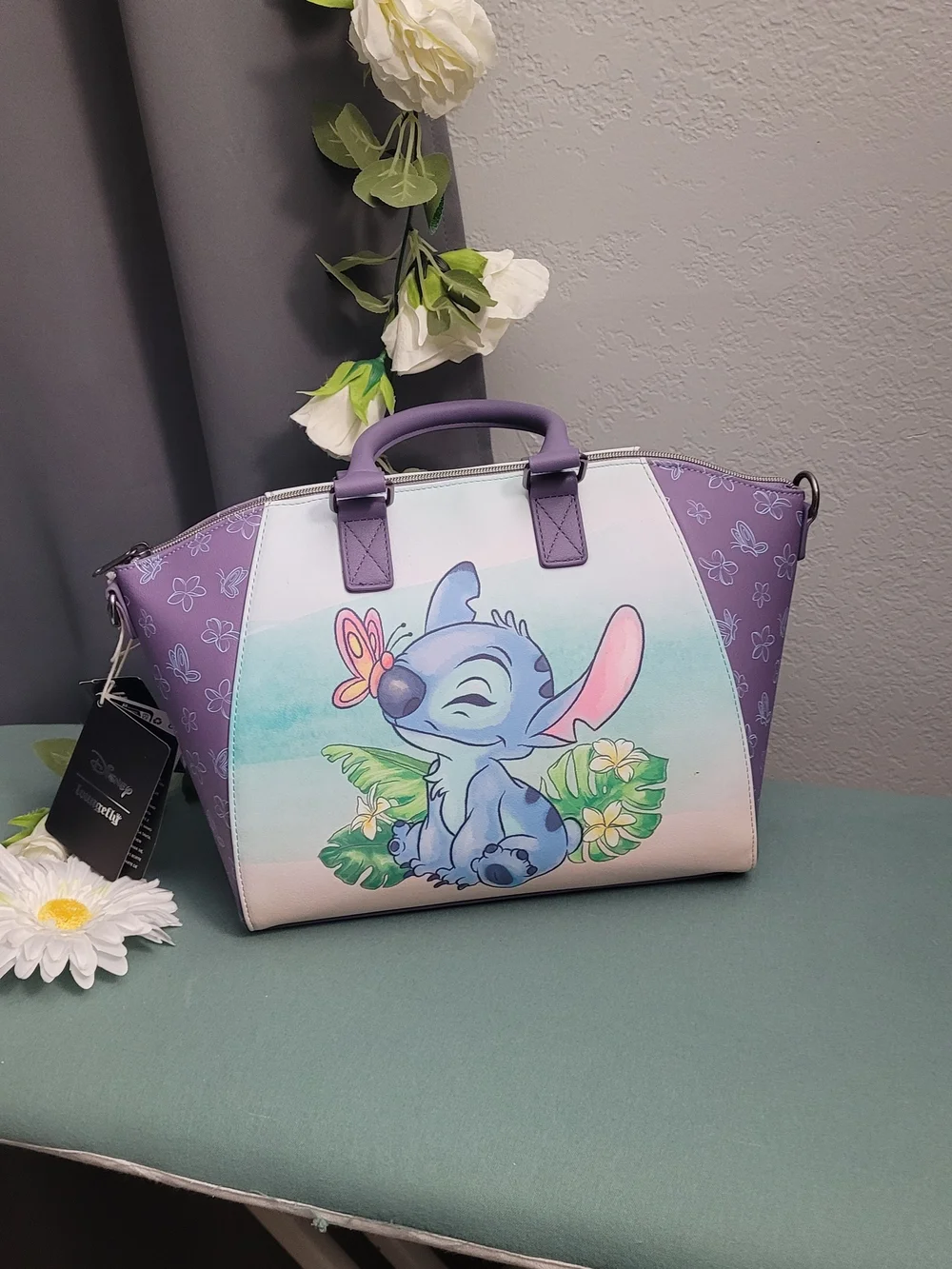 Disney Purple Stitch Floral Print Tote Bag with Pastel Front Art